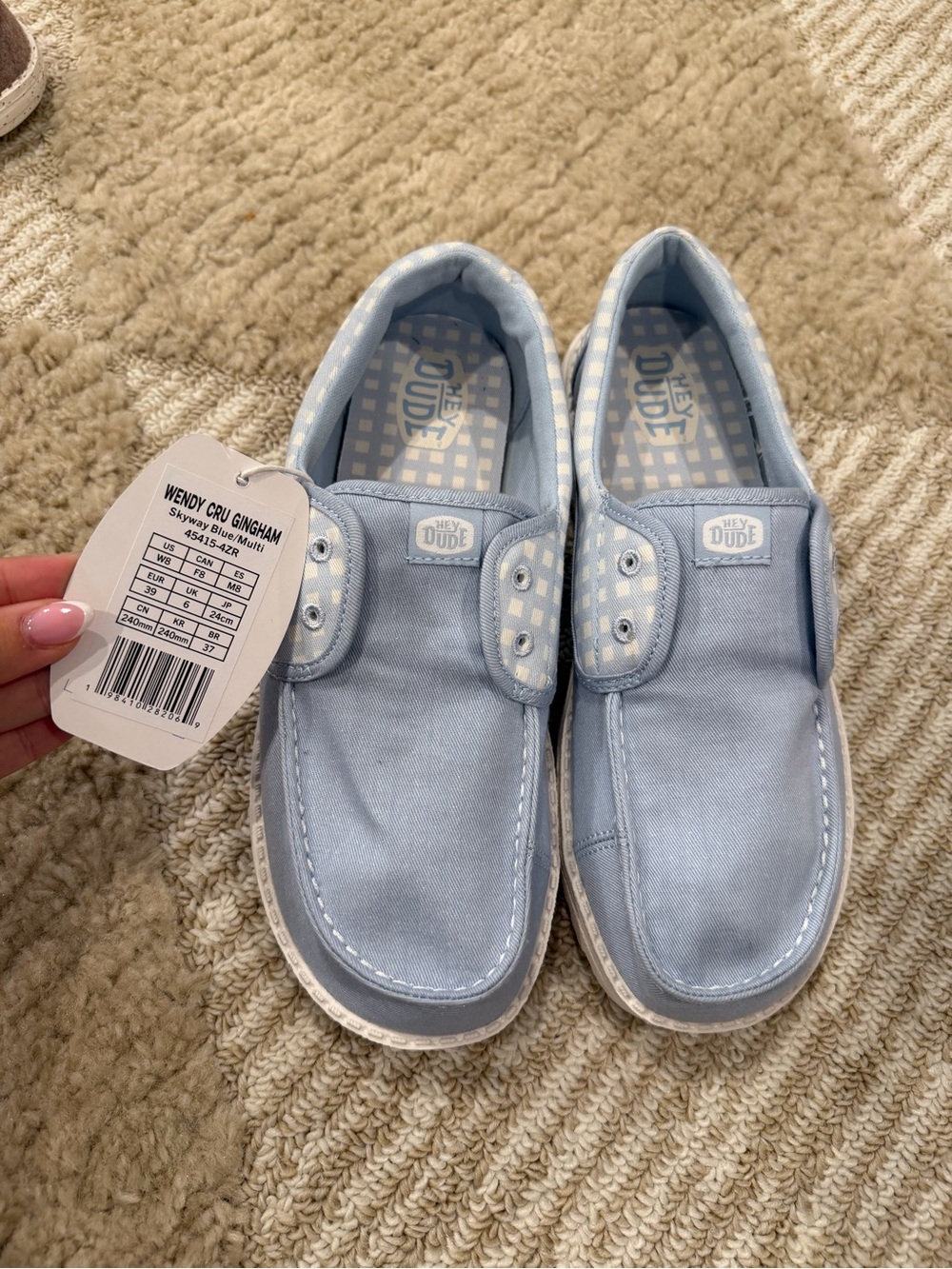 Hey Dude Women's Slip-On Sneakers in Light Blue Gingham